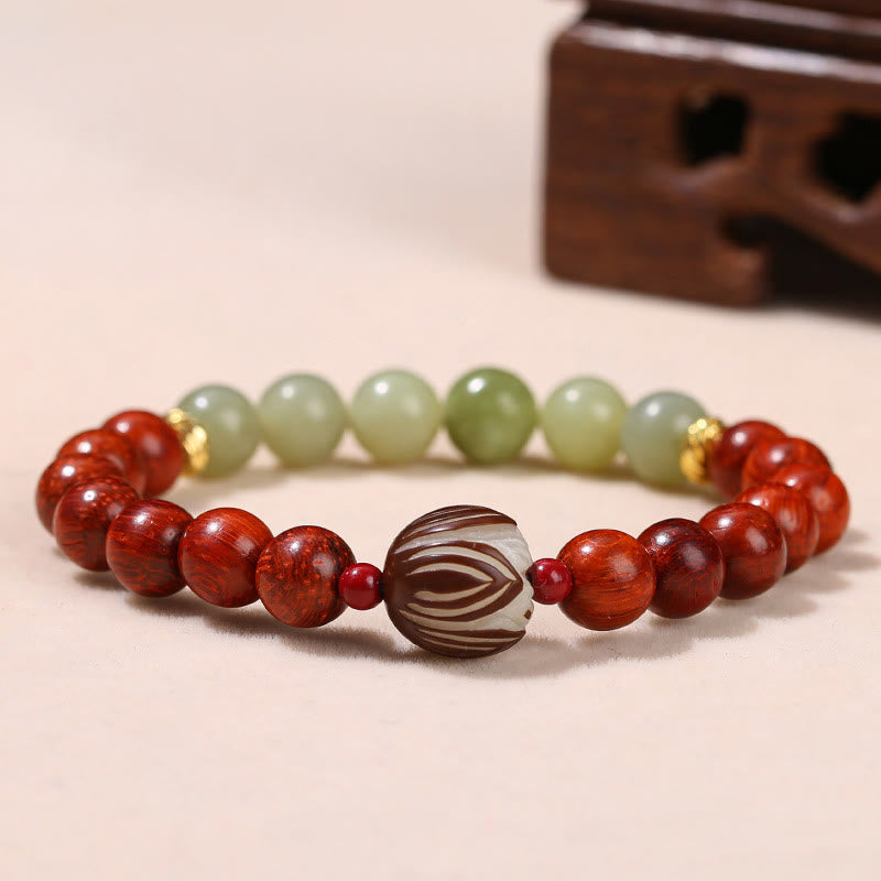 Natural Rosewood Cyan Jade Bodhi Seed Lotus Warmth Calm Bracelet