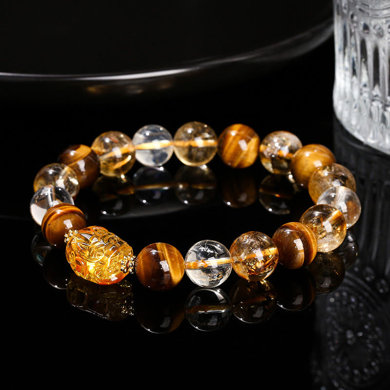 Natural Yellow Tiger Eye Citrine Beeswax Pixiu Strength Bracelet