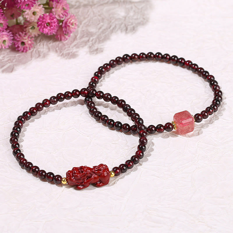 Garnet Cinnabar PiXiu Strawberry Quartz Square Bead Protection Bracelet - Image 16