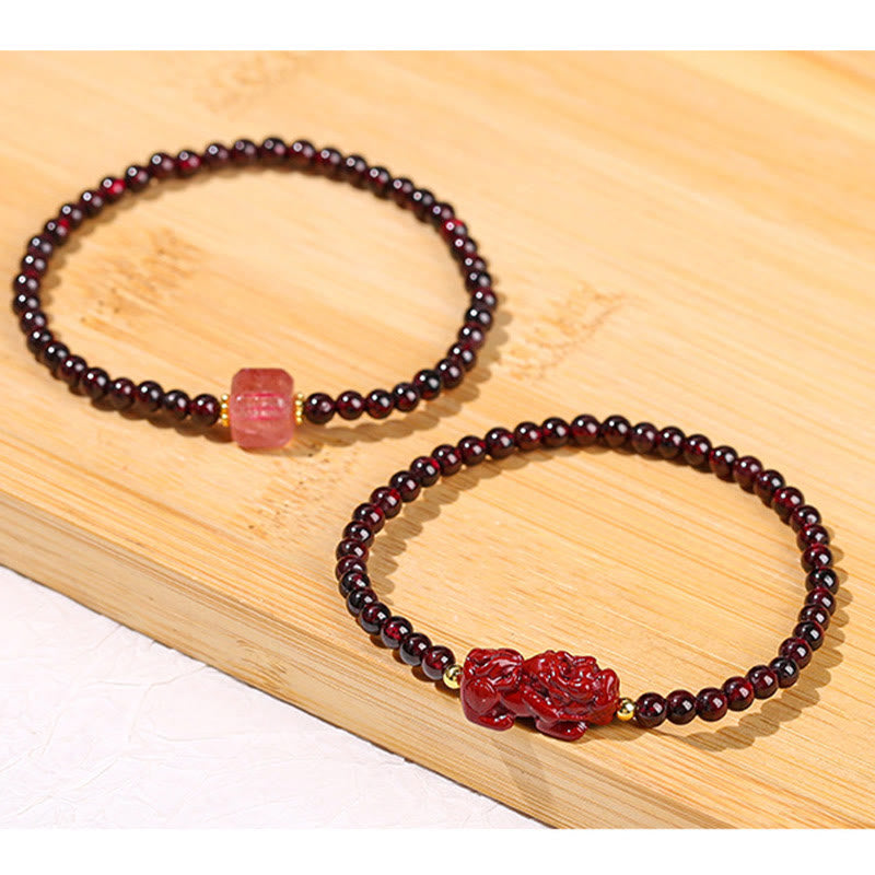 Garnet Cinnabar PiXiu Strawberry Quartz Square Bead Protection Bracelet - Image 17