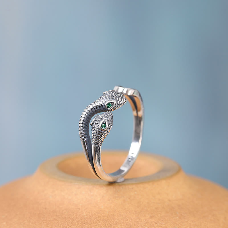 925 Sterling Silver Year Of The Snake Two-headed Snake Adjustable Open Ring