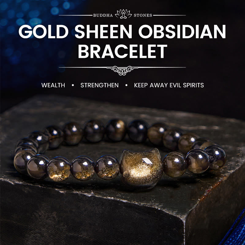 Gold Sheen Obsidian Silver Sheen Obsidian Lovely Paw Lucky Cat Protection Bracelet