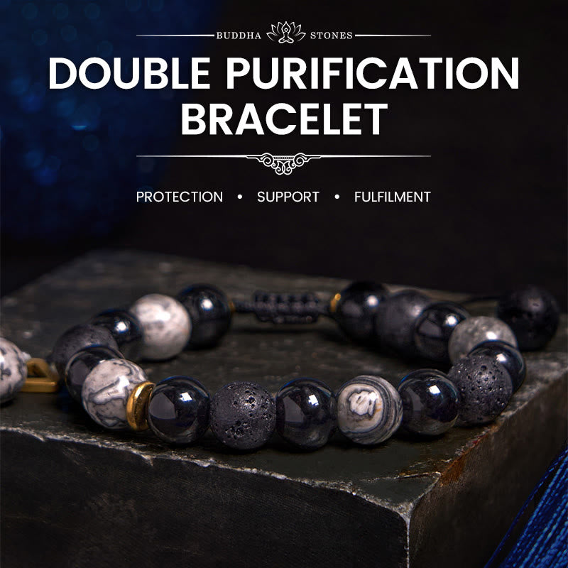 Black Obsidian Lava Rock Stone Yin Yang Strength Bracelet