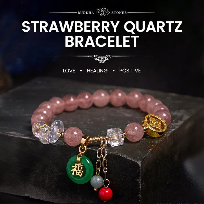 Strawberry Quartz Jade Fu Character Charm Healing Bracelet