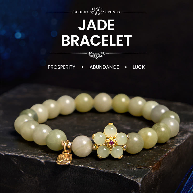 Green Jade Flower Fu Character Charm Luck Bracelet