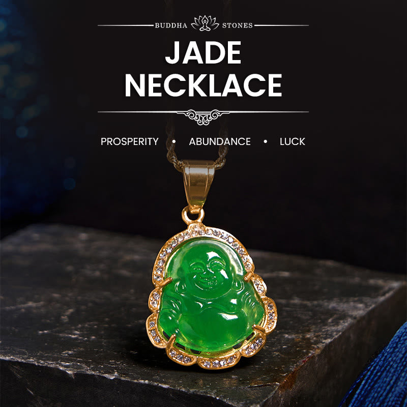 18K Gold Filled Laughing Buddha Jade Luck Necklace Chain Pendant