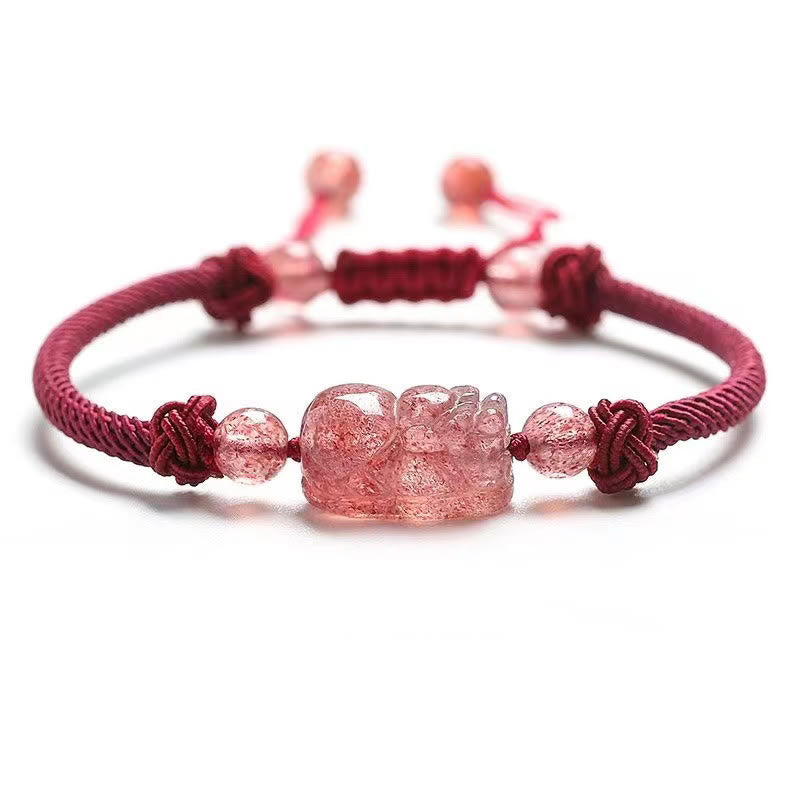 Natural Strawberry Quartz PiXiu Red String Braided Protection Bracelet - Image 3