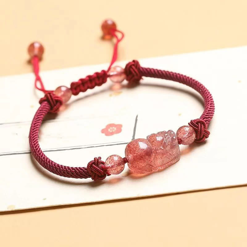 Natural Strawberry Quartz PiXiu Red String Braided Protection Bracelet
