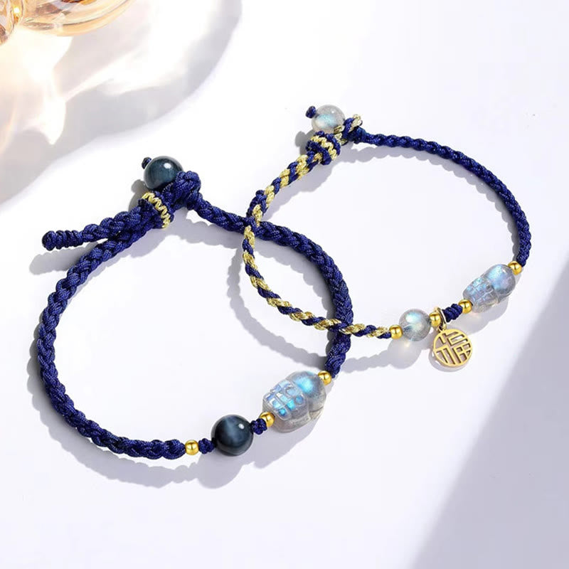 Moonstone PiXiu Blue Tiger Eye Fu Character Healing Couple String Bracelet