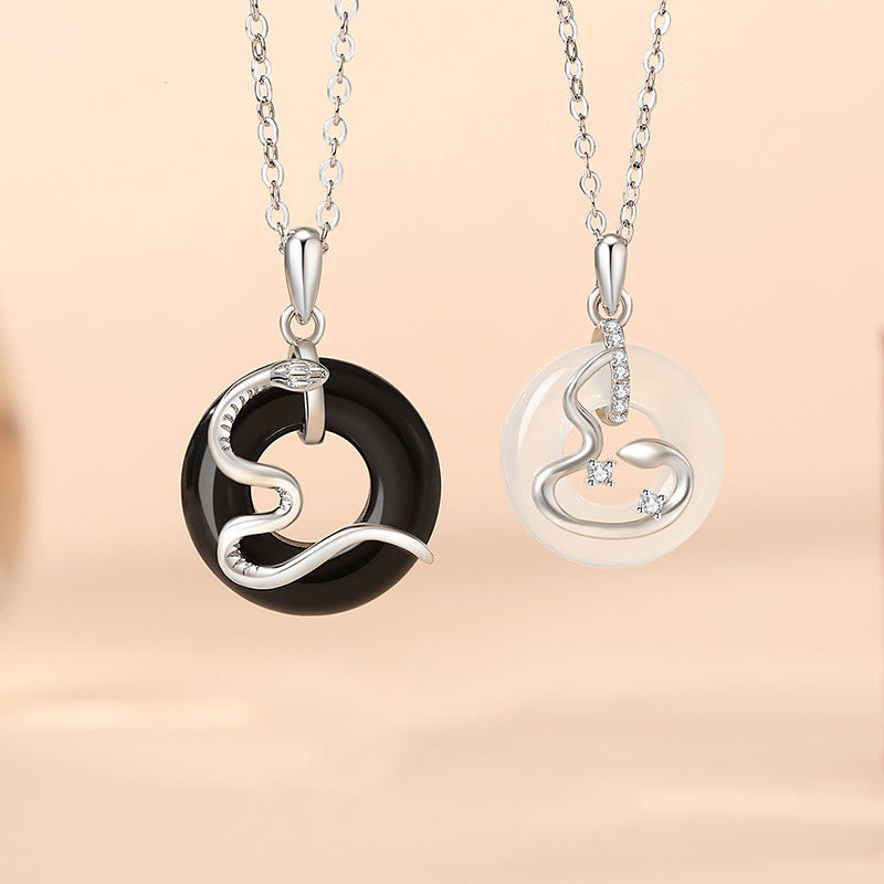 925 Sterling Silver Black Onyx Chalcedony Peace Buckle Year Of The Snake Luck Necklace Pendant