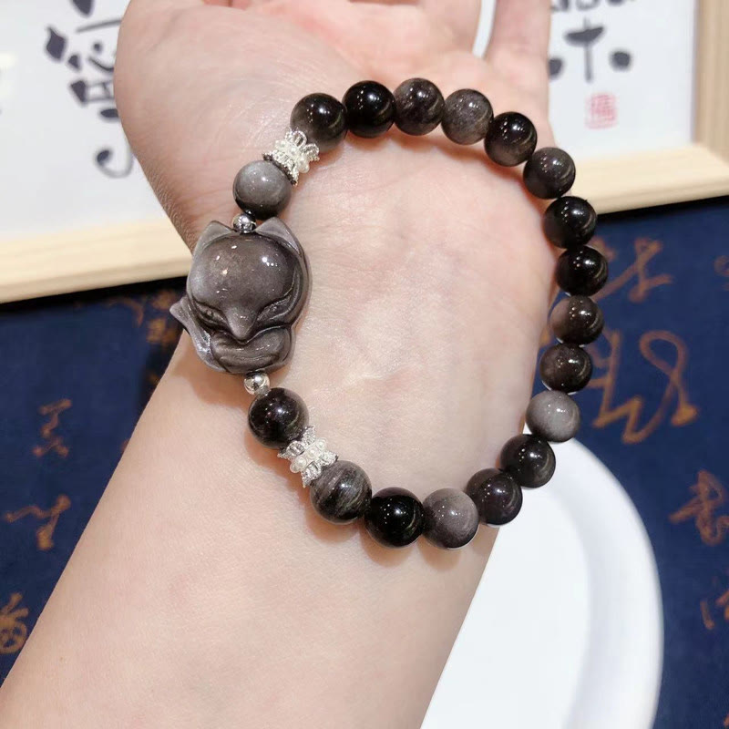 Natural Silver Sheen Obsidian Nine Tailed Fox Communication Bracelet