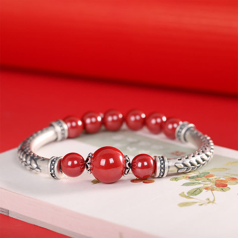 999 Sterling Silver Cinnabar Wheat Ears Blessing Bracelet Bangle