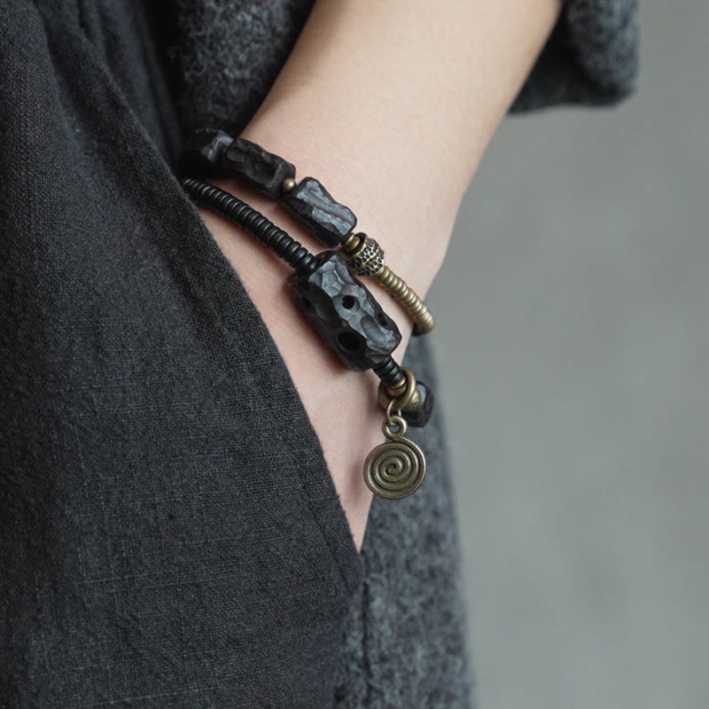 Ebony Wood Copper Brass Red Agate Peace Double Wrap Bracelet - Image 9