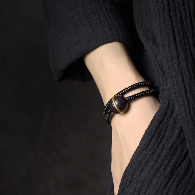 Ebony Wood Copper Brass Balance Ball Cuboid Double Wrap Bracelet Necklace - Image 10