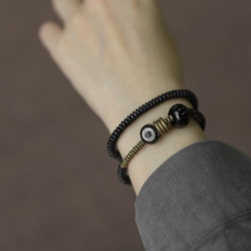 Ebony Wood Green Sandalwood Copper Brass Dzi Bead Black Onyx Calm Double Wrap Bracelet - Image 4