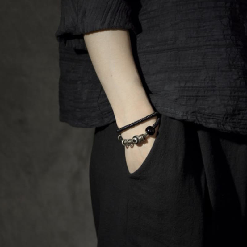 Ebony Wood Green Sandalwood Copper Brass Dzi Bead Black Onyx Calm Double Wrap Bracelet - Image 11