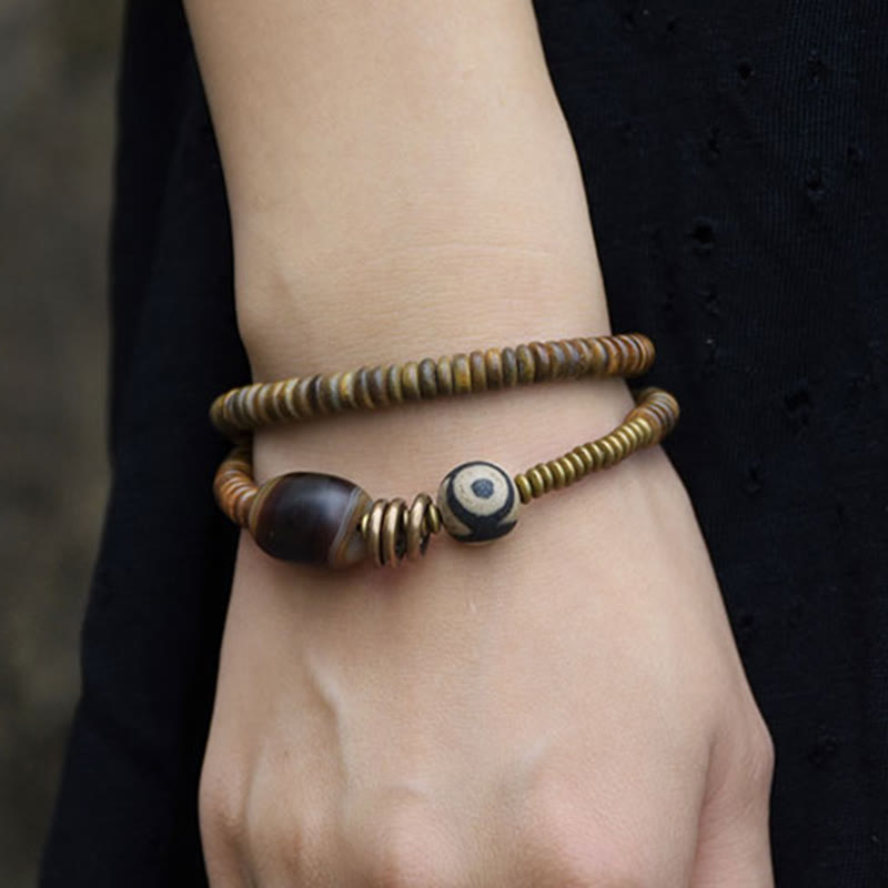 Ebony Wood Green Sandalwood Copper Brass Dzi Bead Black Onyx Calm Double Wrap Bracelet - Image 24