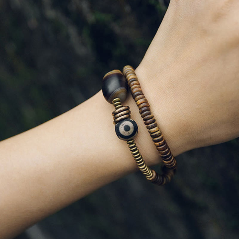 Ebony Wood Green Sandalwood Copper Brass Dzi Bead Black Onyx Calm Double Wrap Bracelet - Image 23