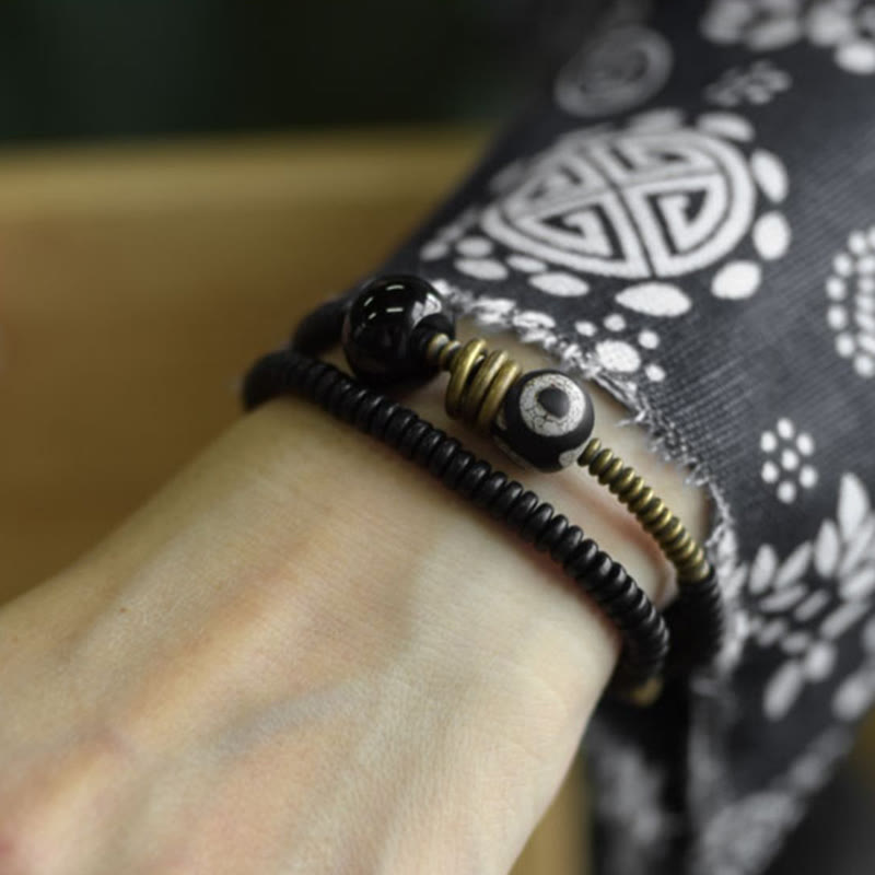 Ebony Wood Green Sandalwood Copper Brass Dzi Bead Black Onyx Calm Double Wrap Bracelet - Image 12