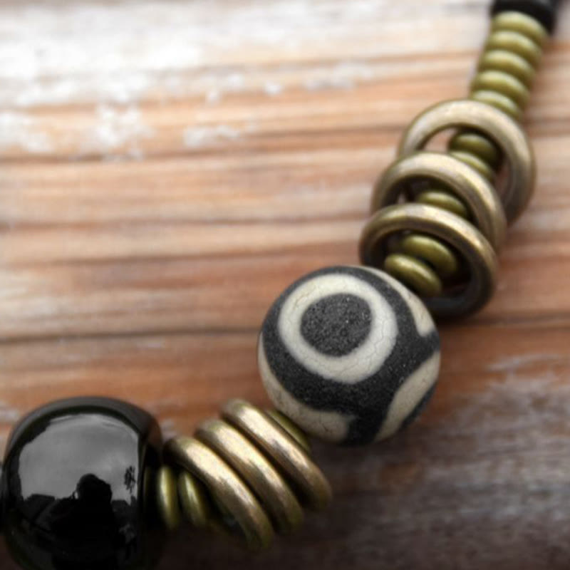 Ebony Wood Green Sandalwood Copper Brass Dzi Bead Black Onyx Calm Double Wrap Bracelet - Image 3
