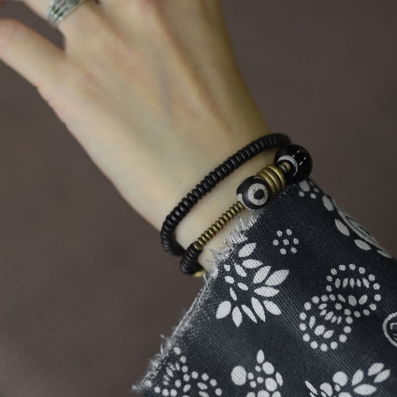 Ebony Wood Green Sandalwood Copper Brass Dzi Bead Black Onyx Calm Double Wrap Bracelet - Image 14