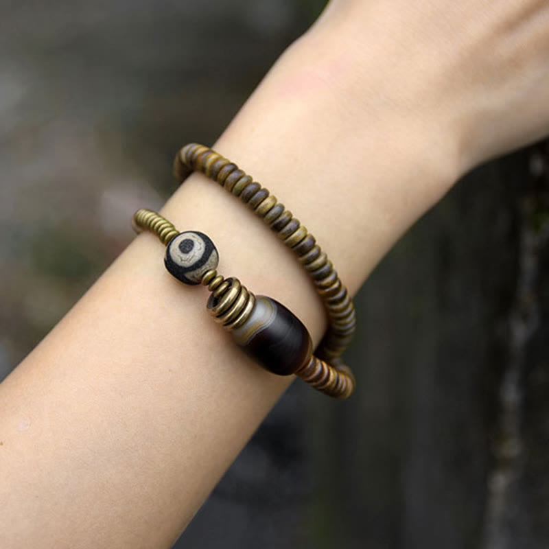 Ebony Wood Green Sandalwood Copper Brass Dzi Bead Black Onyx Calm Double Wrap Bracelet - Image 26