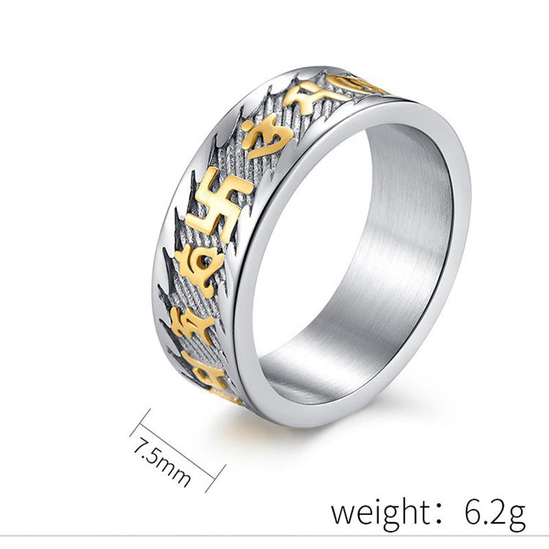 Six True Words Om Mani Padme Hum Swastika Titanium Steel Peace Ring - Image 5
