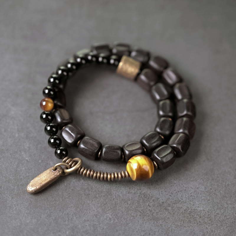 Ebony Wood Copper Brass Tiger Eye Peace Double Wrap Bracelet
