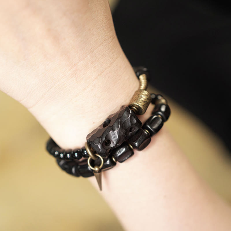 Ebony Wood Black Obsidian Copper Brass Peace Double Wrap Bracelet - Image 19