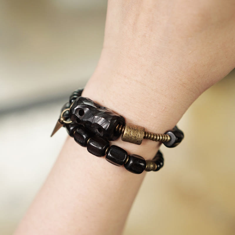 Ebony Wood Black Obsidian Copper Brass Peace Double Wrap Bracelet - Image 20