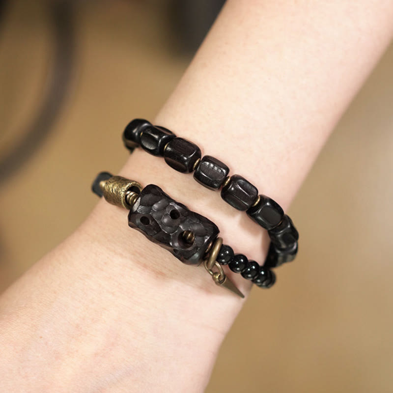 Ebony Wood Black Obsidian Copper Brass Peace Double Wrap Bracelet - Image 18
