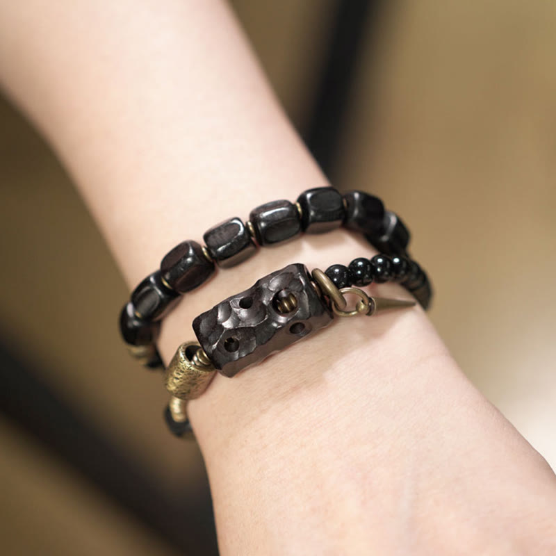 Ebony Wood Black Obsidian Copper Brass Peace Double Wrap Bracelet - Image 5