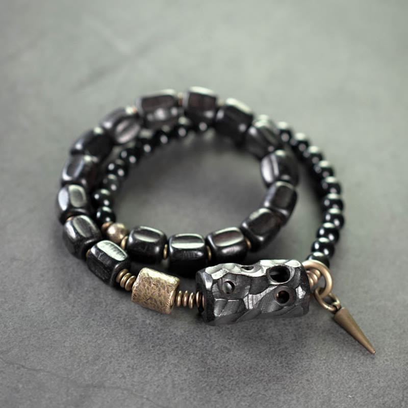 Ebony Wood Black Obsidian Copper Brass Peace Double Wrap Bracelet