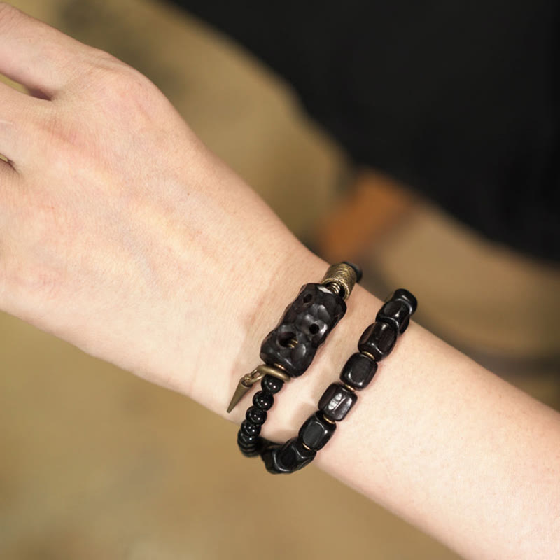 Ebony Wood Black Obsidian Copper Brass Peace Double Wrap Bracelet - Image 15