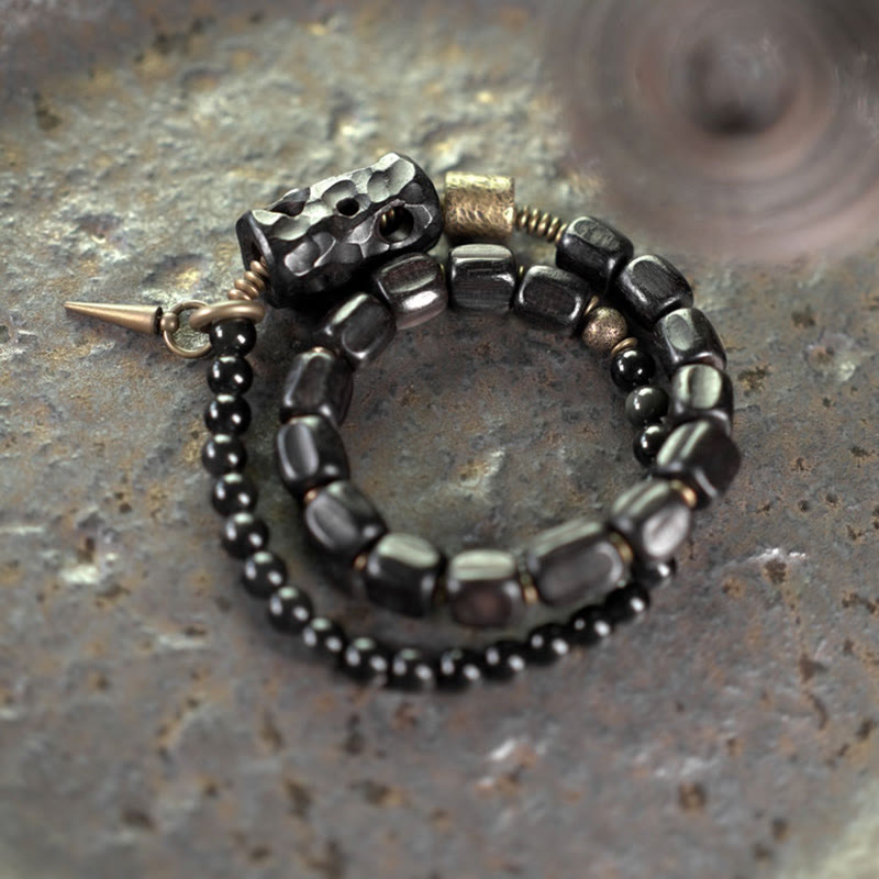 Ebony Wood Black Obsidian Copper Brass Peace Double Wrap Bracelet - Image 3