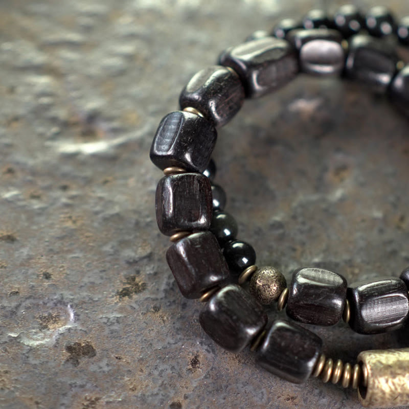 Ebony Wood Black Obsidian Copper Brass Peace Double Wrap Bracelet - Image 11
