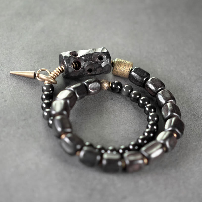 Ebony Wood Black Obsidian Copper Brass Peace Double Wrap Bracelet - Image 8