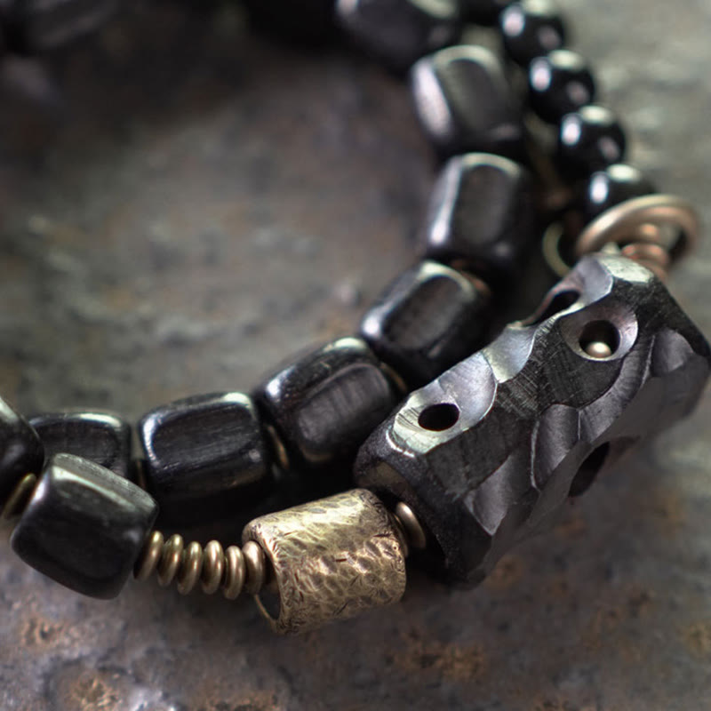 Ebony Wood Black Obsidian Copper Brass Peace Double Wrap Bracelet - Image 4