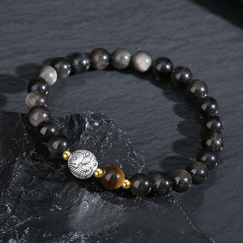 Black Obsidian 999 Sterling Silver Tiger Eye 925 Sterling Silver Koi Fish Purification Bracelet - Image 3