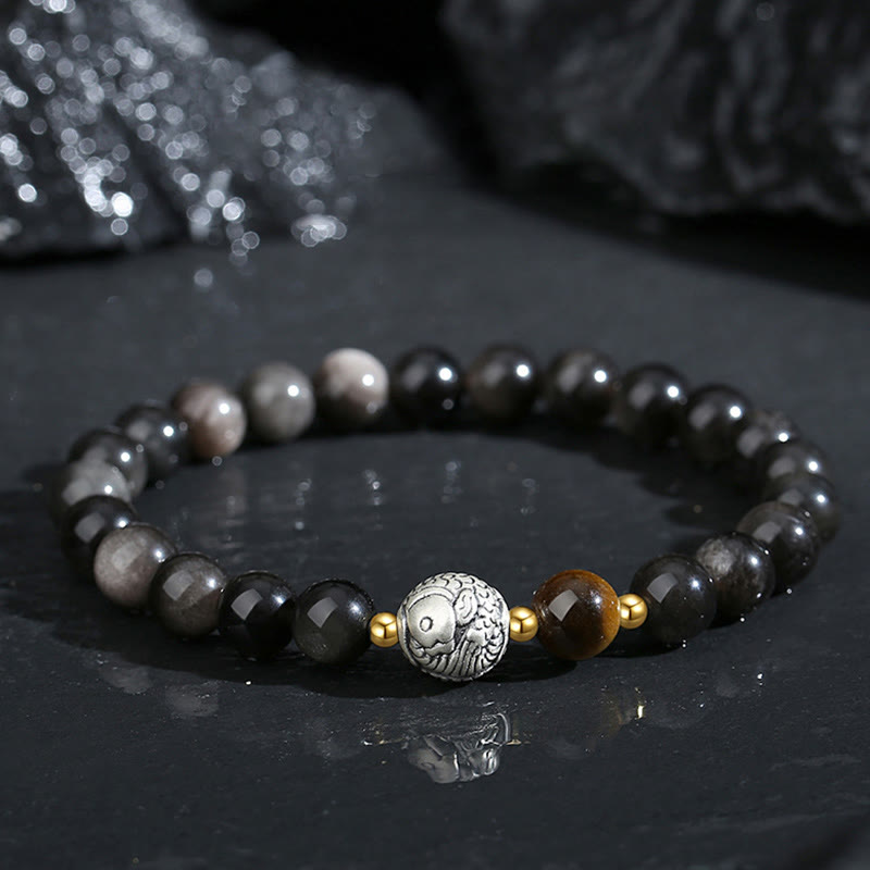 Black Obsidian 999 Sterling Silver Tiger Eye 925 Sterling Silver Koi Fish Purification Bracelet