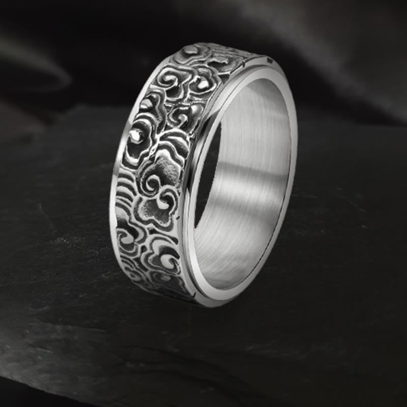 Auspicious Clouds Pattern Carved Titanium Steel Balance Rotatable Ring
