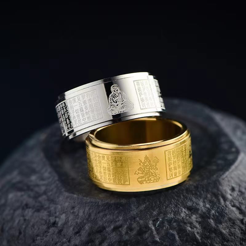 Chinese Zodiac Natal Buddha Heart Sutra Carved Titanium Steel Calm Rotatable Ring