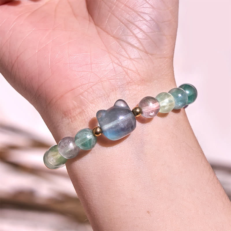 Amethyst Green Aventurine Rose Quartz Fluorite Cat Head Balance Luck Bracelet - Image 17