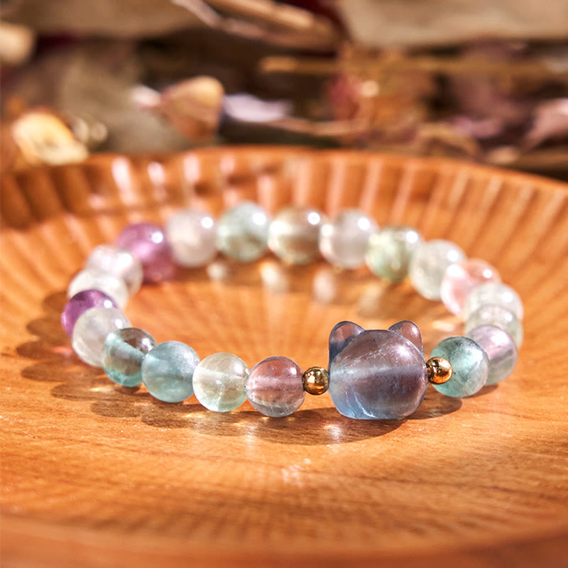 Amethyst Green Aventurine Rose Quartz Fluorite Cat Head Balance Luck Bracelet - Image 16