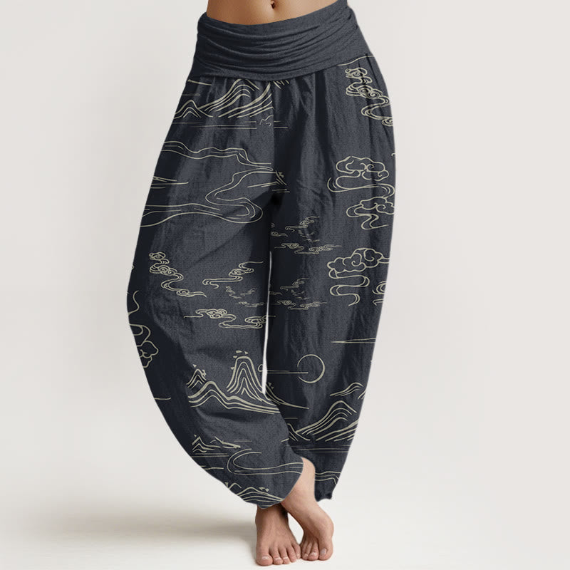 Mountain Moon Auspicious Clouds Pattern Women's Elastic Waist Harem Pants