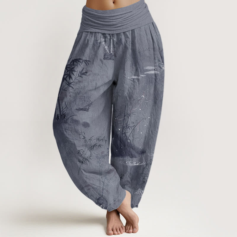 Casual Bamboo Rock Ink Painting Women's Elastic Waist Harem Pants