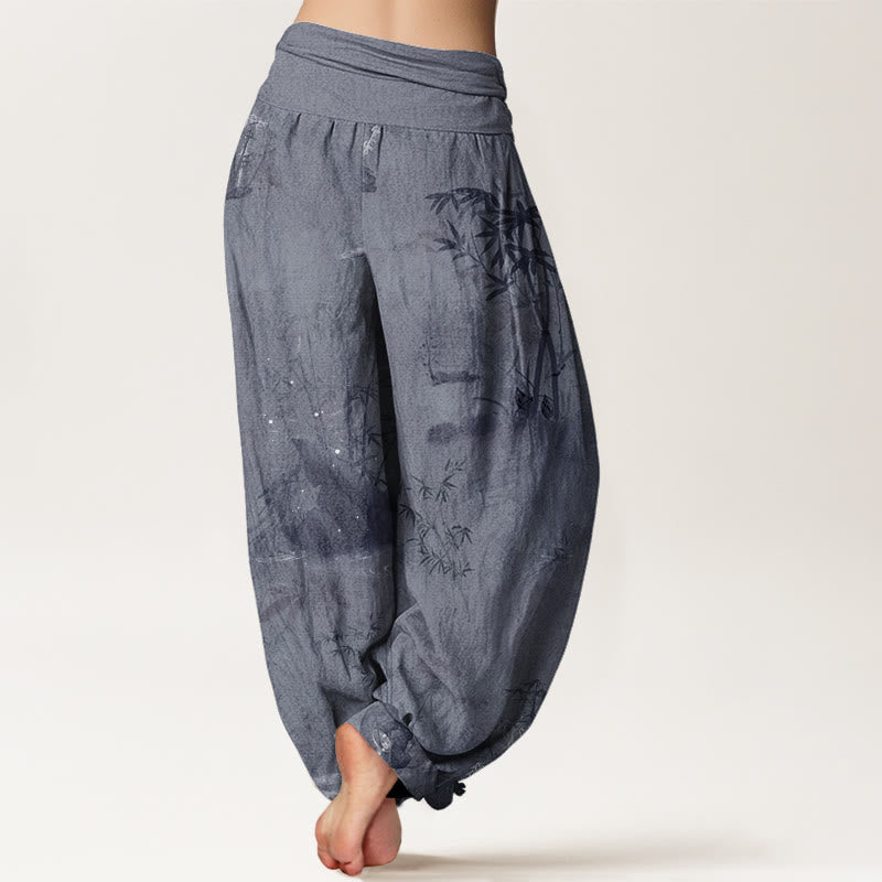 Casual Bamboo Rock Ink Painting Women's Elastic Waist Harem Pants - Image 3
