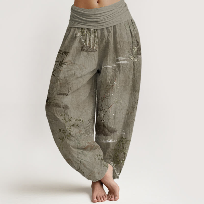 Casual Bamboo Rock Ink Painting Women's Elastic Waist Harem Pants - Image 5
