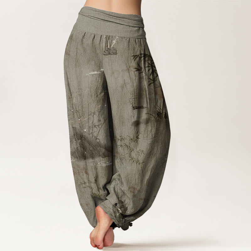 Casual Bamboo Rock Ink Painting Women's Elastic Waist Harem Pants - Image 7