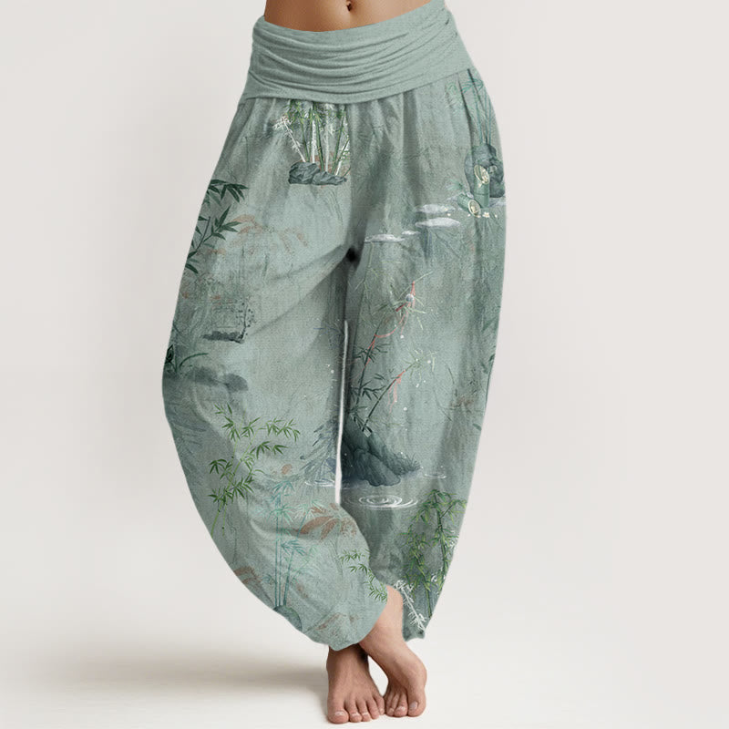 Casual Bamboo Rock Ink Painting Women's Elastic Waist Harem Pants - Image 8